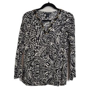 ST. TROPEZ WEST Paisley Linen Rayon Black White Long Sleeve Shirt Medium Women's